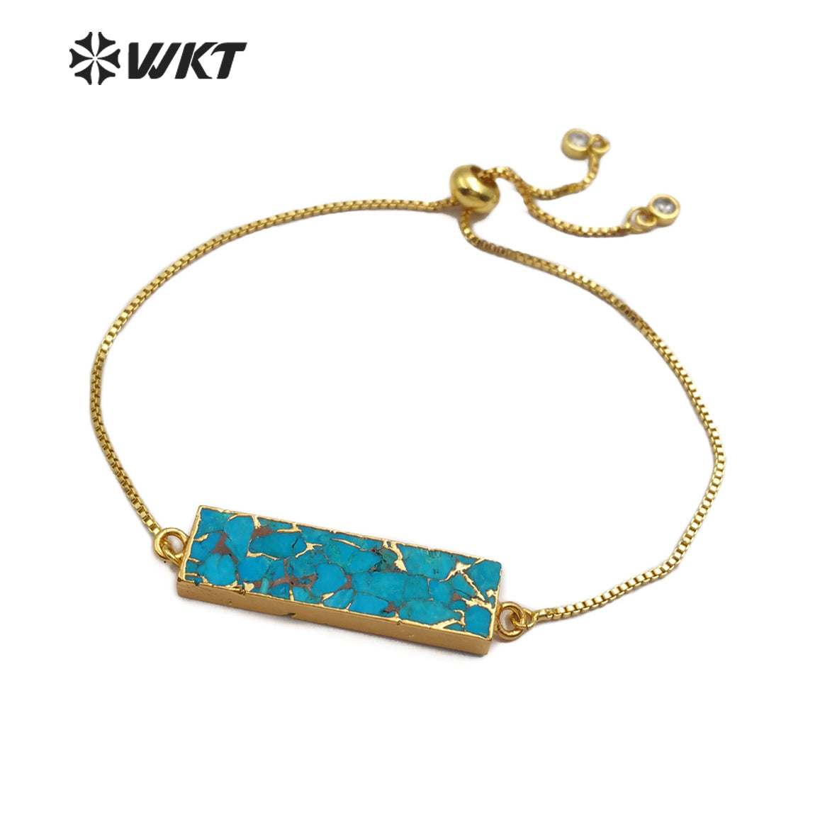 WT-B473 Women Gold Bracelet Jewelry Natural Blue Vein Turquoises Bracelet Rectangle Shape Stones Link Adjustable Bracelet