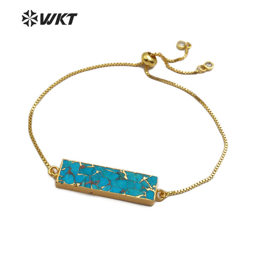 WT-B473 Women Gold Bracelet Jewelry Natural Blue Vein Turquoises Bracelet Rectangle Shape Stones Link Adjustable Bracelet