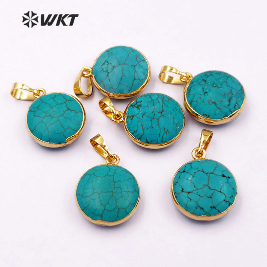 WT-P1136 Wholesale Popular Jewelry Natural Green Howlite Round Pendant with Gold Color Edge for Necklace