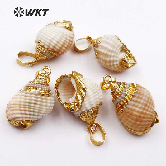 WT-JP034 Fashion Charming Newest Tiny Gold Dipped Sea Shell Pendant 18k Fashionable Beautiful Tiny Trumpet Shell Pendants