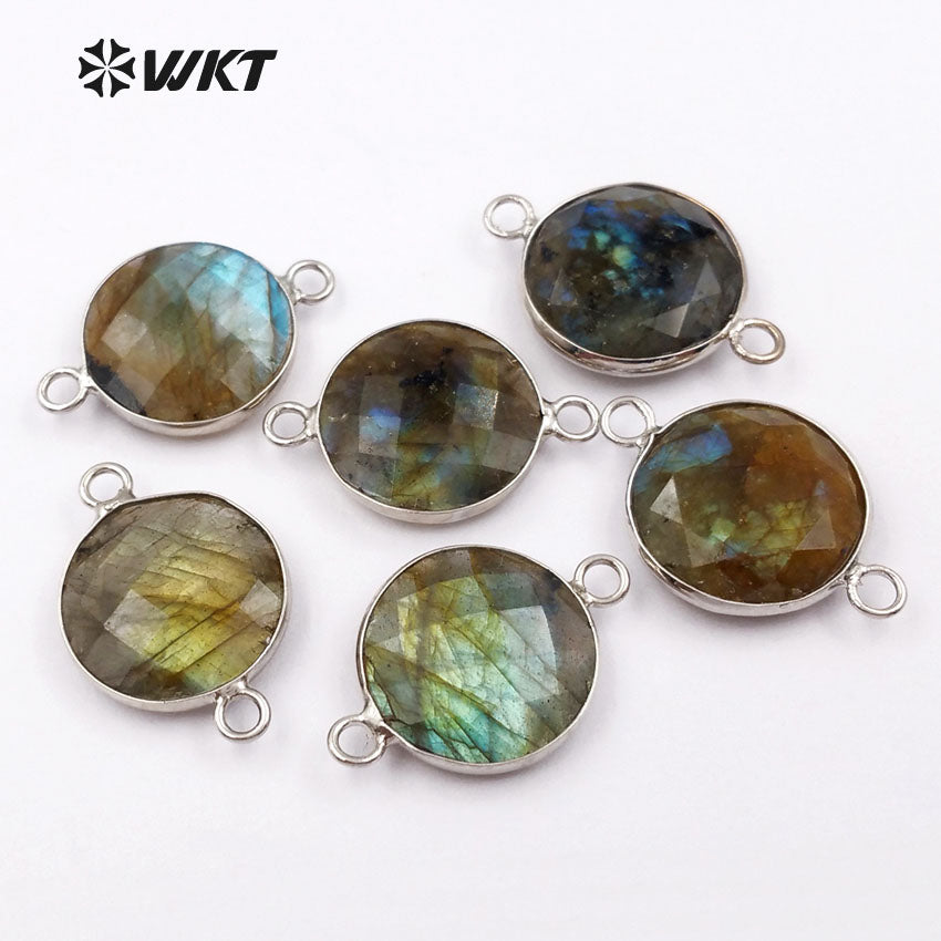 WT-C239 Sparkly Natural Silver Bezel Connectors, Women Popular Faceted Natural Stone Labradorite Connector