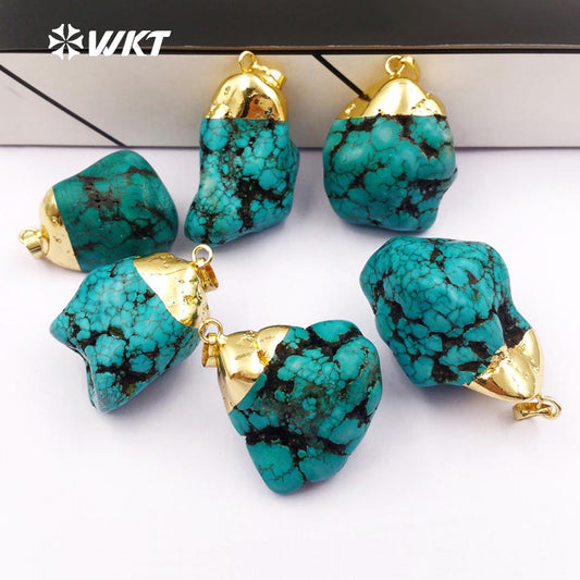WT-P246 Natural Blue Turquoise Pendants, Gold Plated Nugget Pendants Fashion Jewelry As a Gift for Party