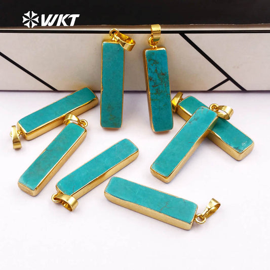 WT-P308 Wholesale Fashion Gold Trim Green Long Straight bar Turquoise Pendant 35mm Long square Stone bar Pendant