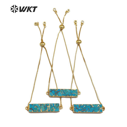WT-B473 Women Gold Bracelet Jewelry Natural Blue Vein Turquoises Bracelet Rectangle Shape Stones Link Adjustable Bracelet