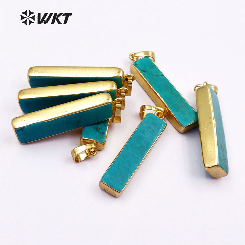 WT-P308 Wholesale Fashion Gold Trim Green Long Straight bar Turquoise Pendant 35mm Long square Stone bar Pendant
