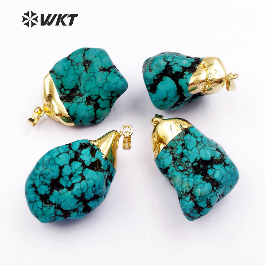 WT-P246 Natural Blue Turquoise Pendants, Gold Plated Nugget Pendants Fashion Jewelry As a Gift for Party