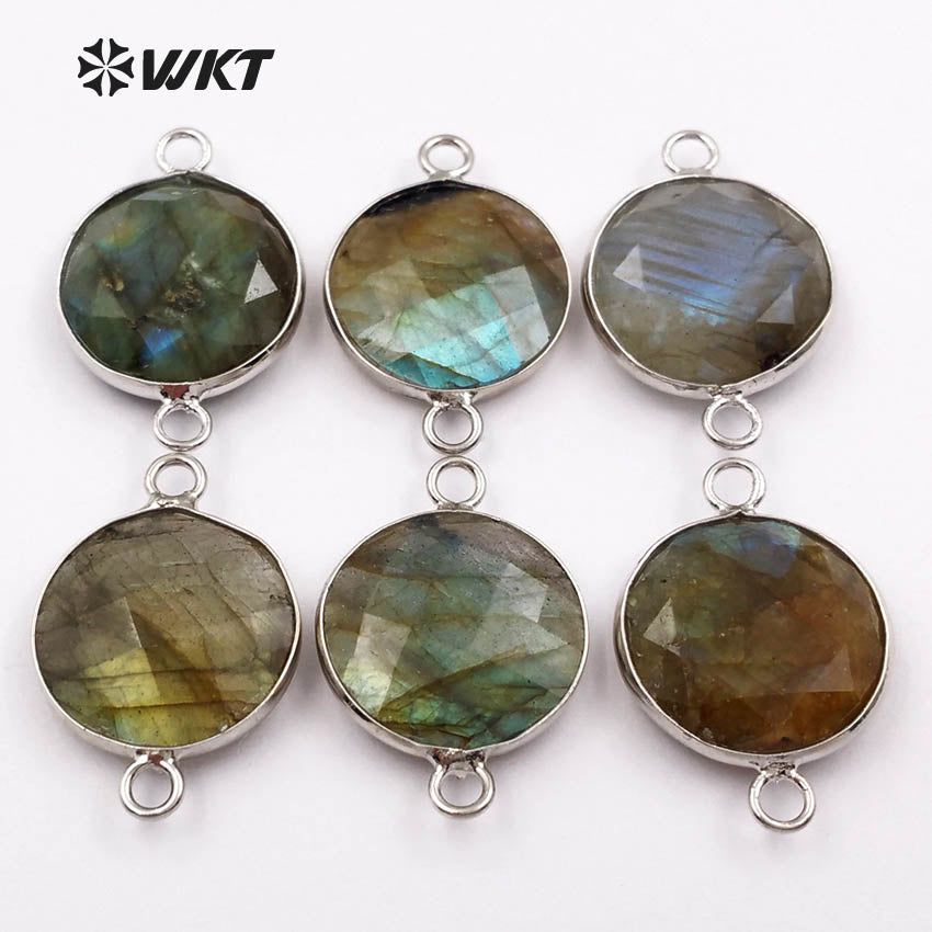 WT-C239 Sparkly Natural Silver Bezel Connectors, Women Popular Faceted Natural Stone Labradorite Connector