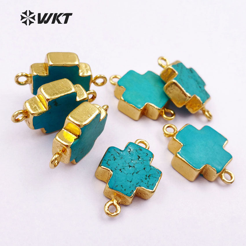 WT-C150 Fashion Cross Turquoise Connector,24k Real Gold Plated Cross Turquoise with Double Loops Charm 15mm Cross Stone