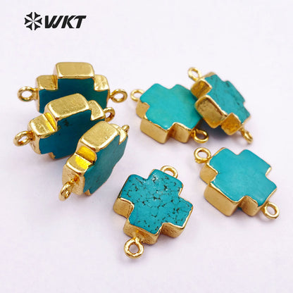 WT-C150 Fashion Cross Turquoise Connector,24k Real Gold Plated Cross Turquoise with Double Loops Charm 15mm Cross Stone
