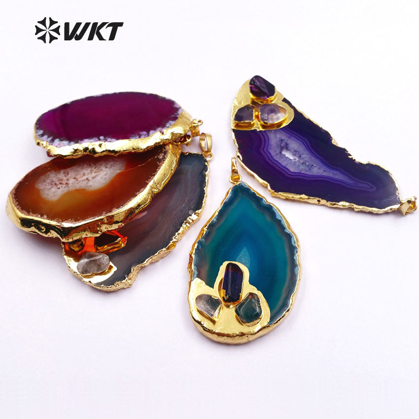 WT-P372 Hot!! Natural Drusy Druzy Slice Agate Pendants with Gemstone Accents Women Jewelry Accessories DIY Natural Stone Pendant
