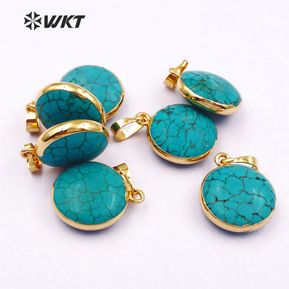 WT-P1136 Wholesale Popular Jewelry Natural Green Howlite Round Pendant with Gold Color Edge for Necklace
