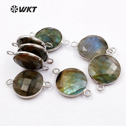 WT-C239 Sparkly Natural Silver Bezel Connectors, Women Popular Faceted Natural Stone Labradorite Connector