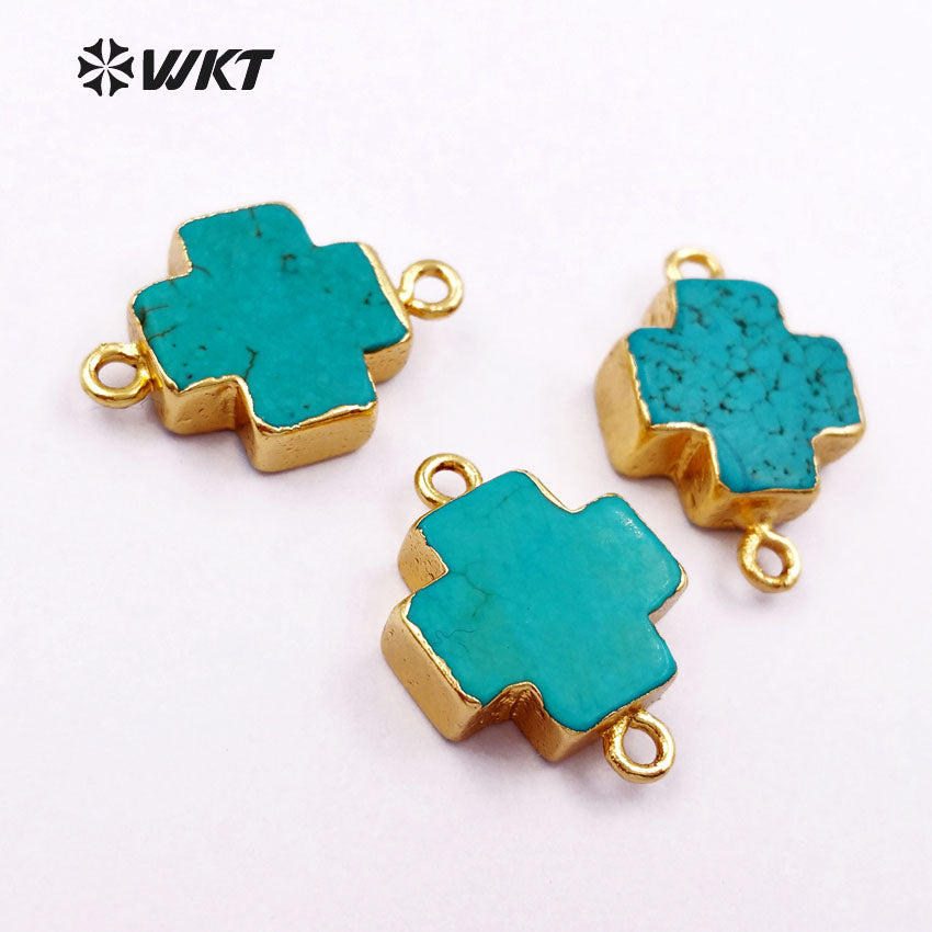 WT-C150 Fashion Cross Turquoise Connector,24k Real Gold Plated Cross Turquoise with Double Loops Charm 15mm Cross Stone