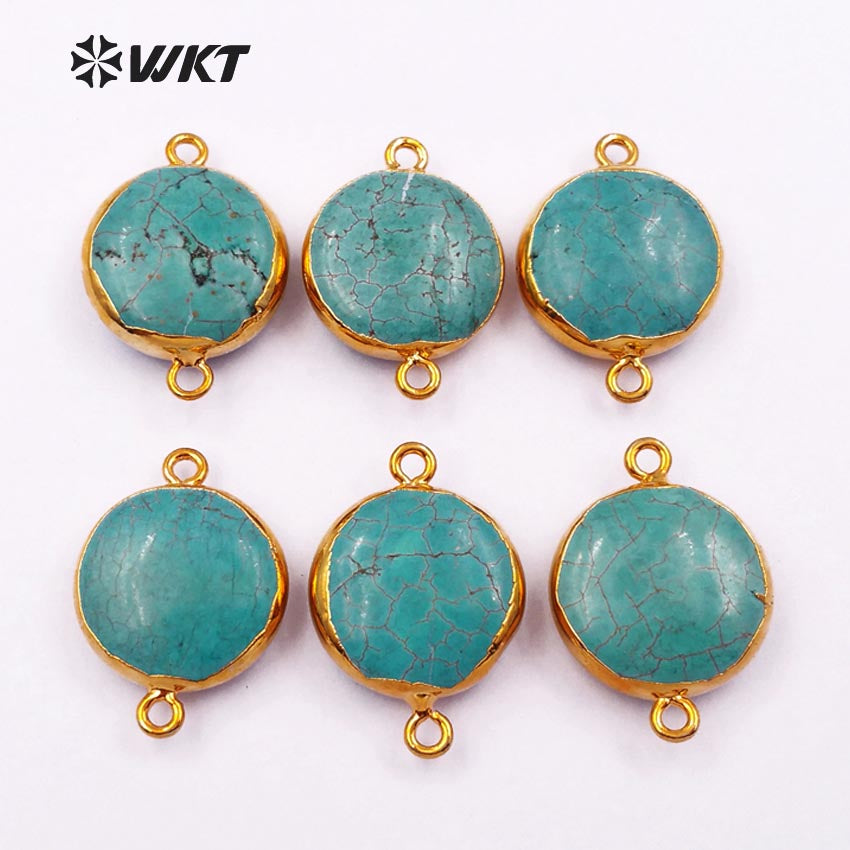 WT-C215 WKT Wholesale Hot Sale Popular Jewelry Natural Green Howlite Round Pendants , Raw Stone Connectors 17mm