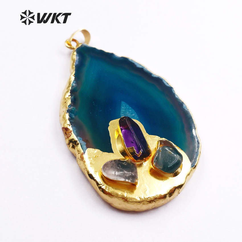 WT-P372 Hot!! Natural Drusy Druzy Slice Agate Pendants with Gemstone Accents Women Jewelry Accessories DIY Natural Stone Pendant