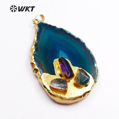 WT-P372 Hot!! Natural Drusy Druzy Slice Agate Pendants with Gemstone Accents Women Jewelry Accessories DIY Natural Stone Pendant