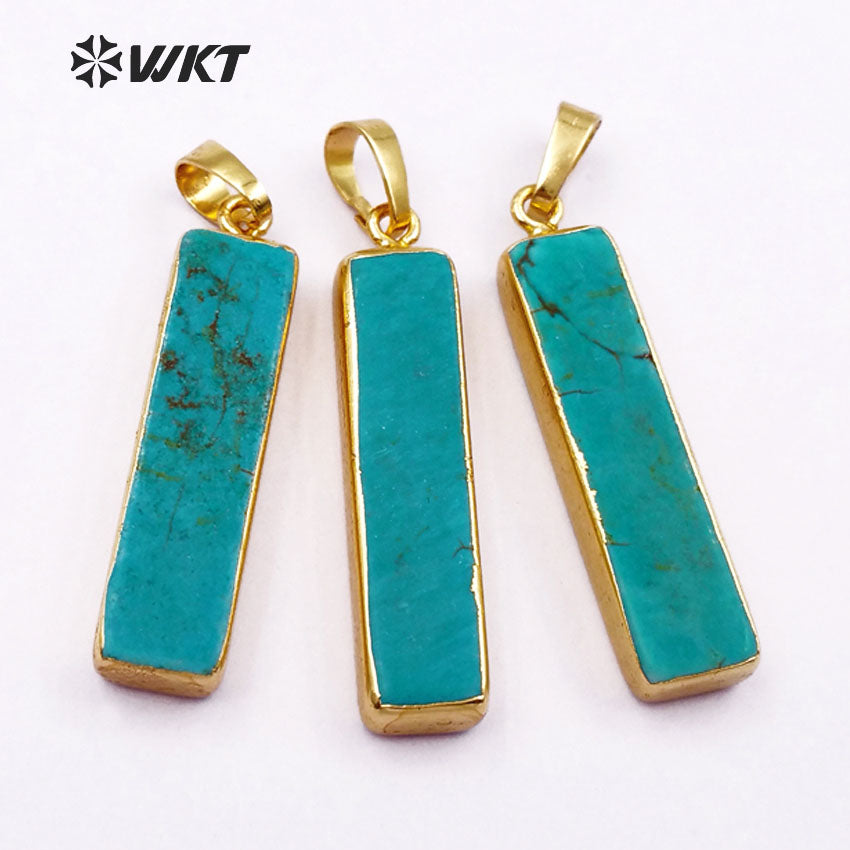 WT-P308 Wholesale Fashion Gold Trim Green Long Straight bar Turquoise Pendant 35mm Long square Stone bar Pendant