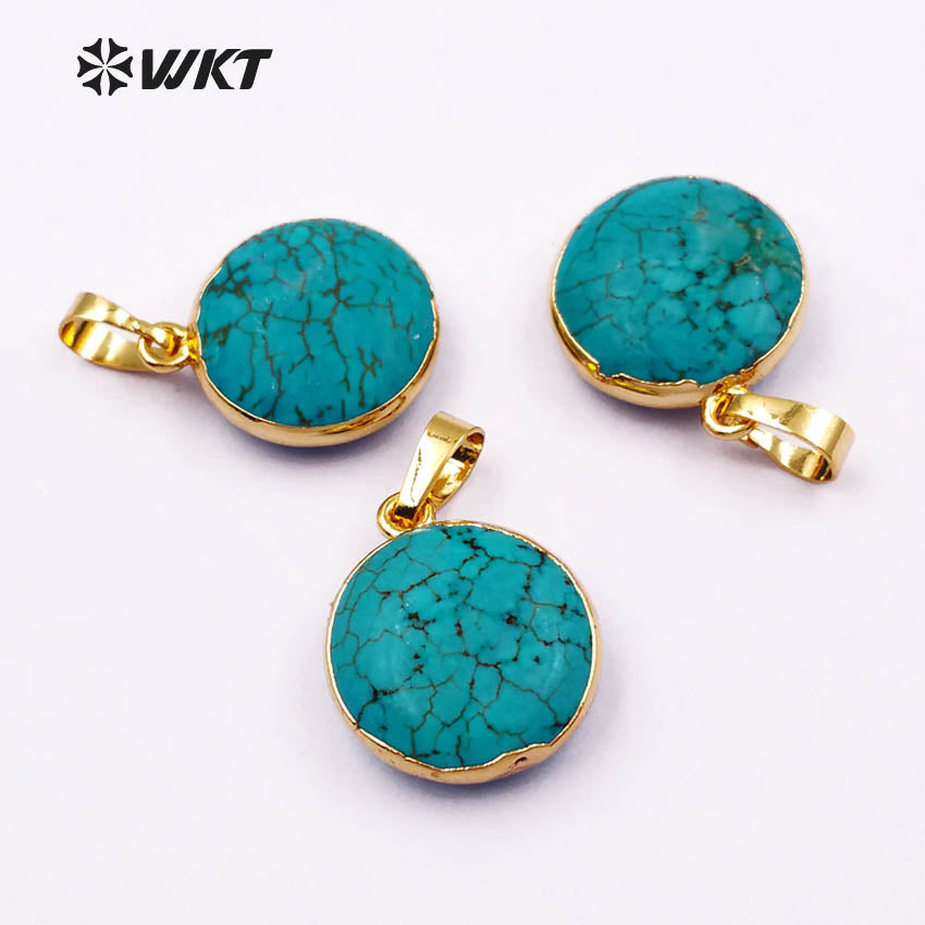 WT-P1136 Wholesale Popular Jewelry Natural Green Howlite Round Pendant with Gold Color Edge for Necklace