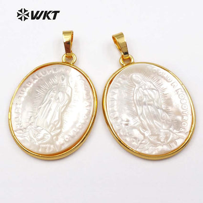 WT-P1353 Newest Big Hand Make Carved Virgin of Maria Pendant,24k Gold Bezel Oval Shape White Shell Maria Pendants