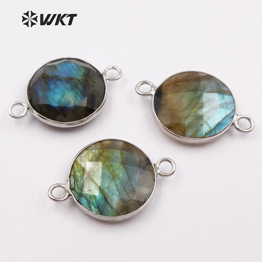 WT-C239 Sparkly Natural Silver Bezel Connectors, Women Popular Faceted Natural Stone Labradorite Connector