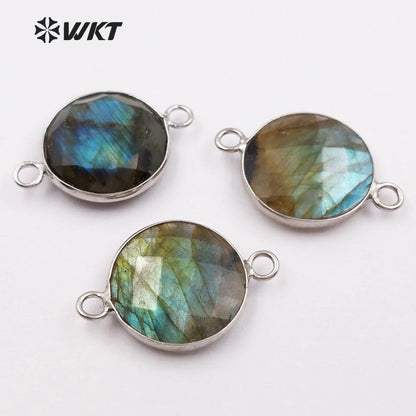 WT-C239 Sparkly Natural Silver Bezel Connectors, Women Popular Faceted Natural Stone Labradorite Connector