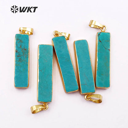 WT-P308 Wholesale Fashion Gold Trim Green Long Straight bar Turquoise Pendant 35mm Long square Stone bar Pendant