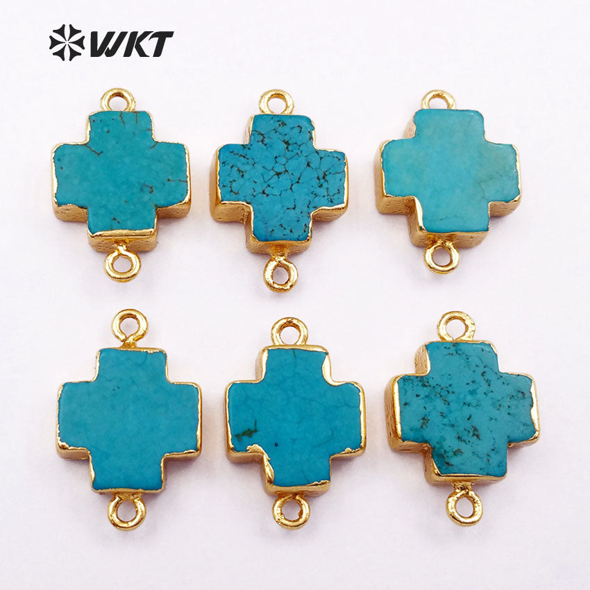 WT-C150 Fashion Cross Turquoise Connector,24k Real Gold Plated Cross Turquoise with Double Loops Charm 15mm Cross Stone