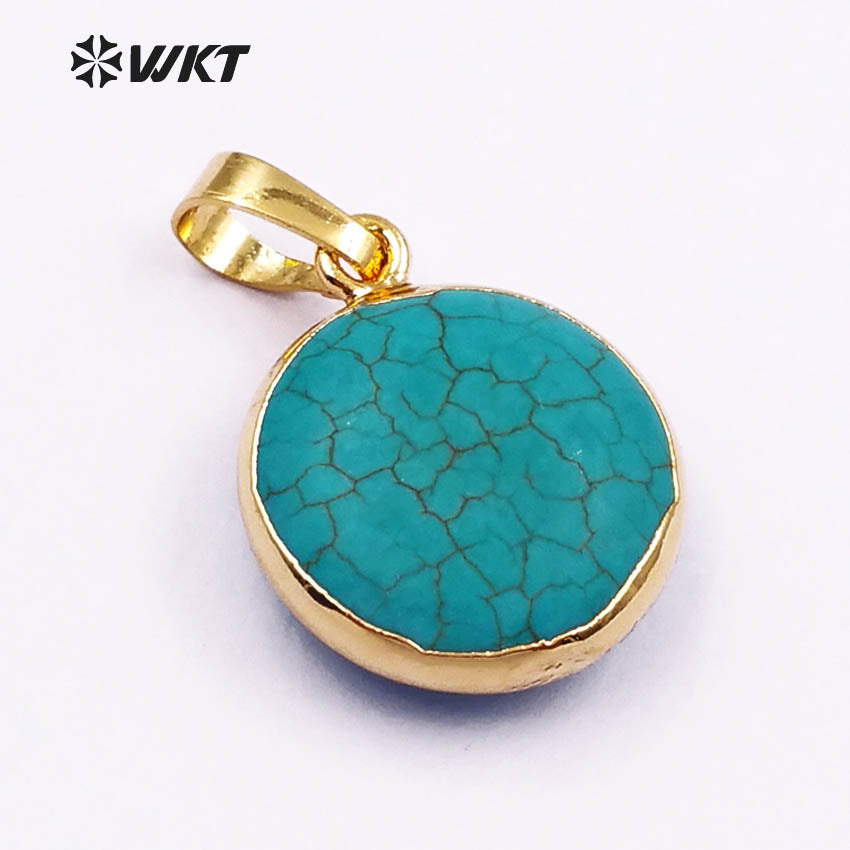 WT-P1136 Wholesale Popular Jewelry Natural Green Howlite Round Pendant with Gold Color Edge for Necklace