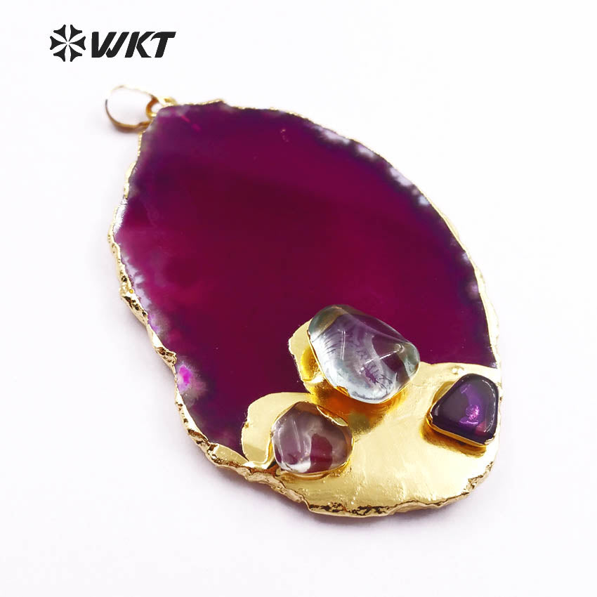 WT-P372 Hot!! Natural Drusy Druzy Slice Agate Pendants with Gemstone Accents Women Jewelry Accessories DIY Natural Stone Pendant