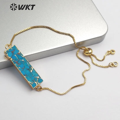 WT-B473 Women Gold Bracelet Jewelry Natural Blue Vein Turquoises Bracelet Rectangle Shape Stones Link Adjustable Bracelet