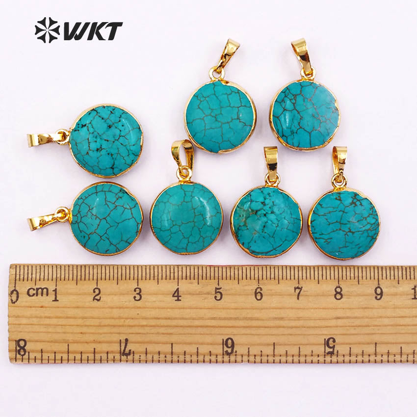 WT-P1136 Wholesale Popular Jewelry Natural Green Howlite Round Pendant with Gold Color Edge for Necklace