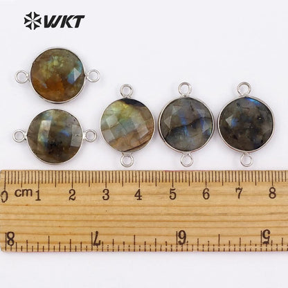 WT-C239 Sparkly Natural Silver Bezel Connectors, Women Popular Faceted Natural Stone Labradorite Connector