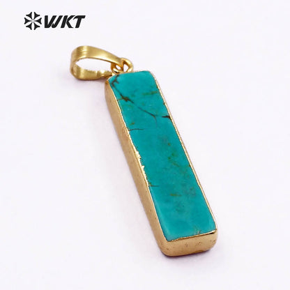 WT-P308 Wholesale Fashion Gold Trim Green Long Straight bar Turquoise Pendant 35mm Long square Stone bar Pendant