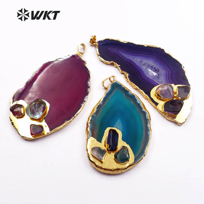 WT-P372 Hot!! Natural Drusy Druzy Slice Agate Pendants with Gemstone Accents Women Jewelry Accessories DIY Natural Stone Pendant
