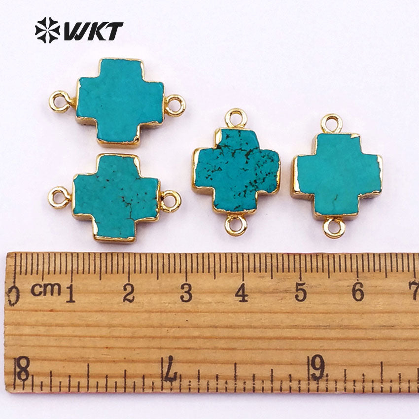 WT-C150 Fashion Cross Turquoise Connector,24k Real Gold Plated Cross Turquoise with Double Loops Charm 15mm Cross Stone