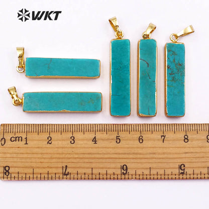 WT-P308 Wholesale Fashion Gold Trim Green Long Straight bar Turquoise Pendant 35mm Long square Stone bar Pendant