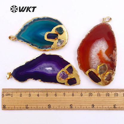 WT-P372 Hot!! Natural Drusy Druzy Slice Agate Pendants with Gemstone Accents Women Jewelry Accessories DIY Natural Stone Pendant