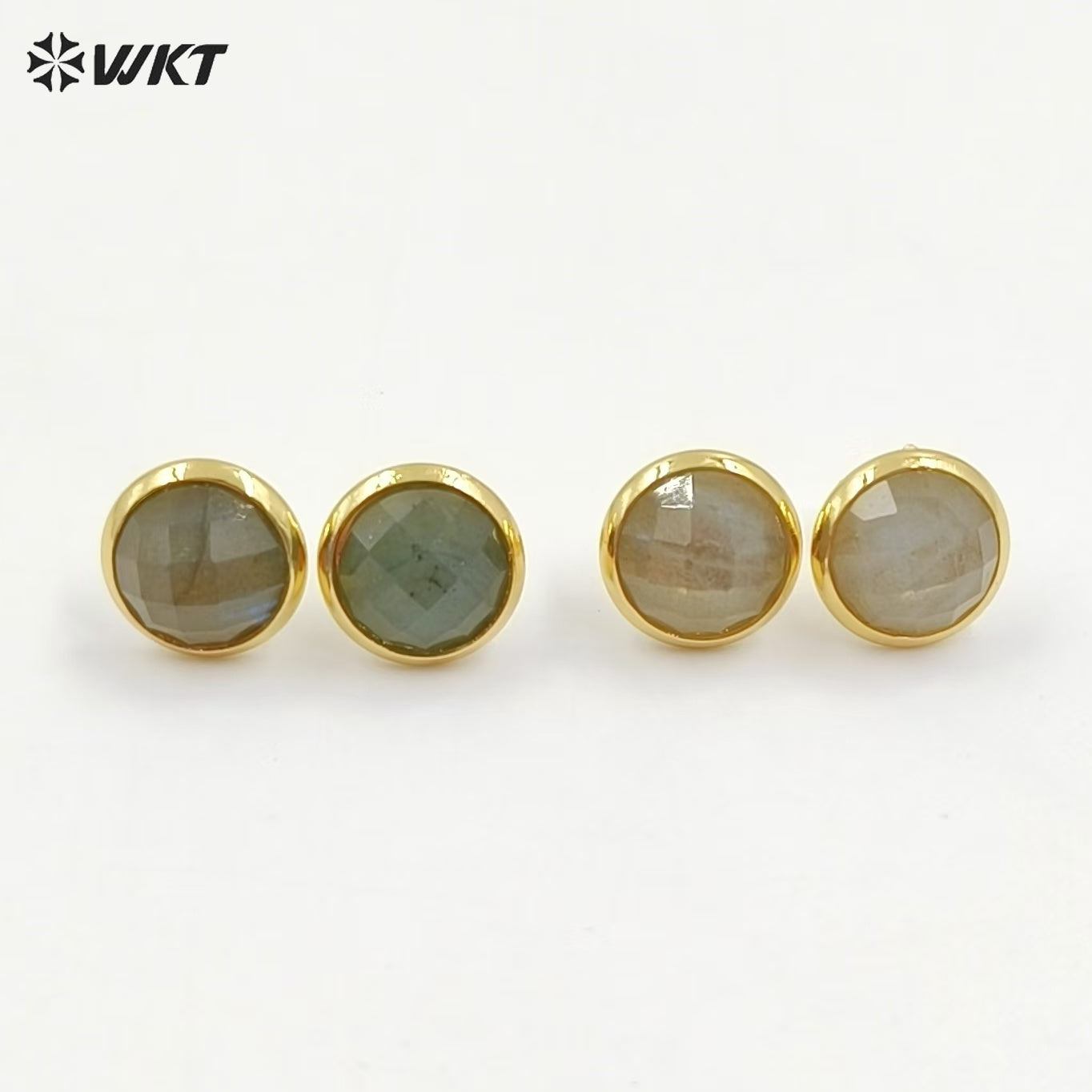 WT-E188 Wholesale Natural Round Labradorite Studs, Fashion 18k Gold Plated Bezel Stone Labradorite Studs Earrings for Women