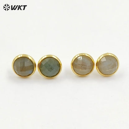 WT-E188 Wholesale Natural Round Labradorite Studs, Fashion 18k Gold Plated Bezel Stone Labradorite Studs Earrings for Women