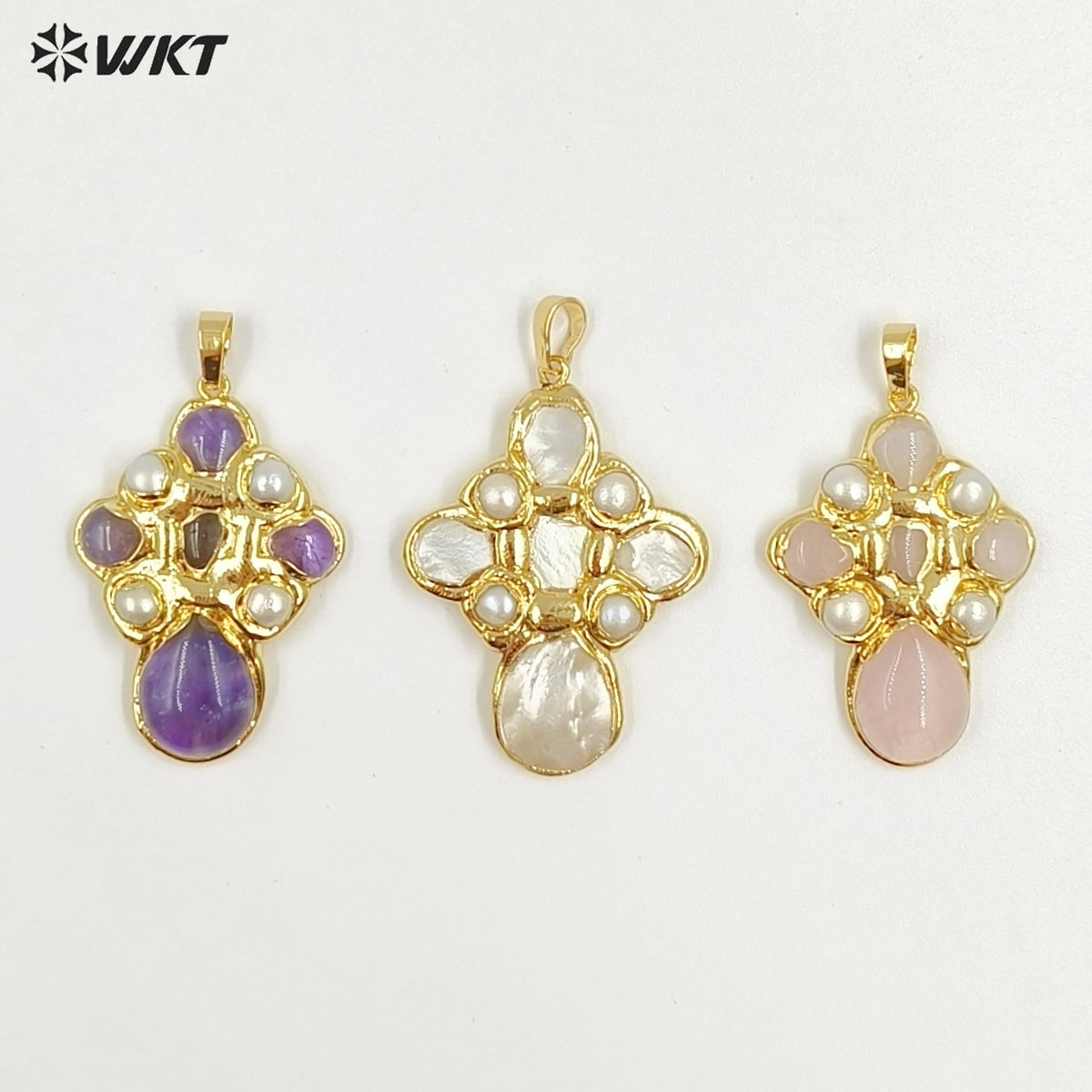 WT-JP384 Specially Designed Religious Unisexual 18K Gold Plated Cross Shaped Pearl and Turquoise Pendant As Daily Decoration