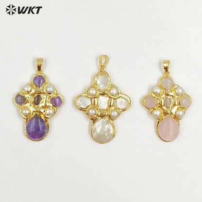 WT-JP384 Specially Designed Religious Unisexual 18K Gold Plated Cross Shaped Pearl and Turquoise Pendant As Daily Decoration