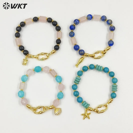 WT-B711 Trendy Gold Plated Natural Gemstones Beads With Little Fish Shell Charms Women Bracelets For Daily Decorative Jewelry