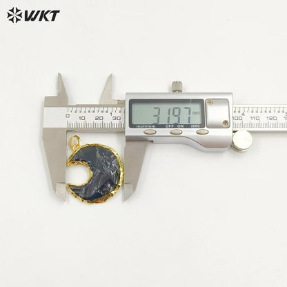 WT-P1322 Amazing Handmade Handmer Natural Raw Black Obsidian Crescent Horn Moon Stone Pendant With 18k Real Gold Plated