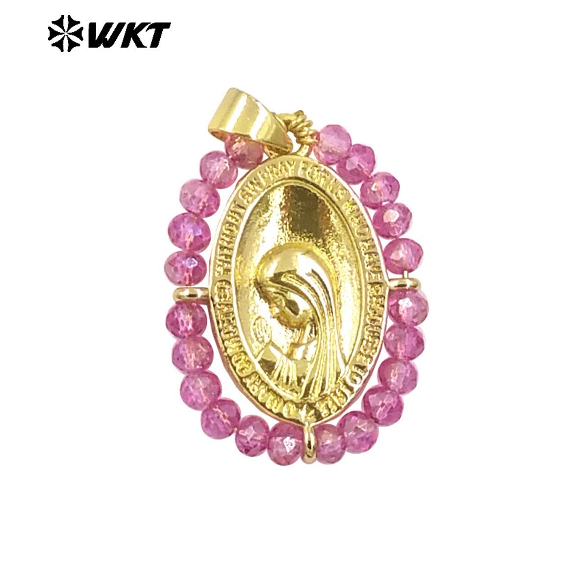 WT-MN995 WKT 18K Gold Plated Yellow Brass Metal Carved With Handmade Wire Wrapped Crystal Beads the Beauty Face Necklace