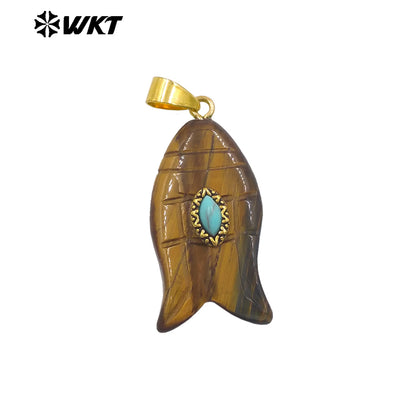 WT-P2012 Wonderful Gold Plated Fish Shape Multi Colors Natural Gemstones Set In Small Stone Pendants For Unique Jewelry Making