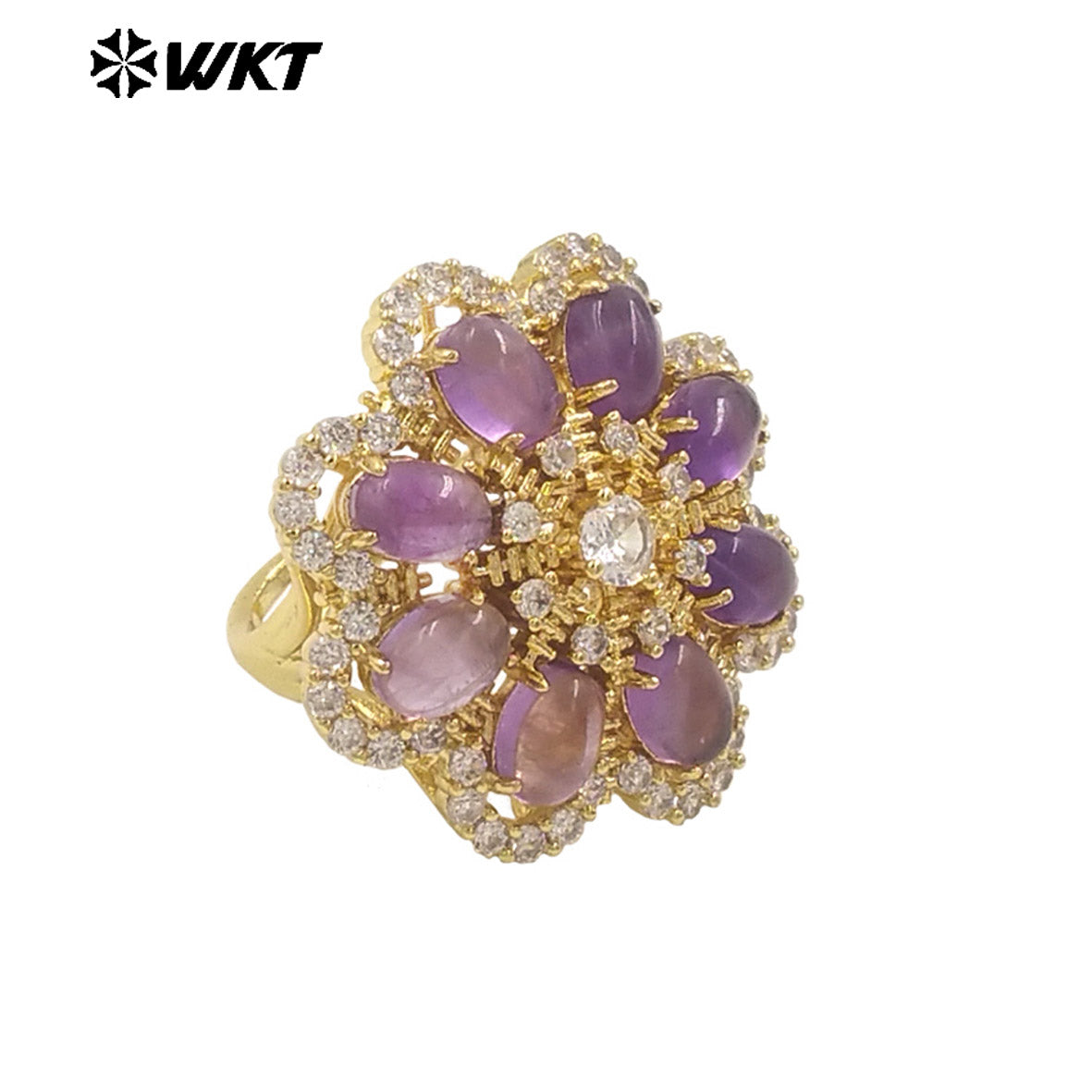 WT-R542 Wholesale Fashion Gold Micro Pave Cubic Zircon With Natural Gemstone Setting Beautiful Women Flower Ring