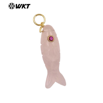 WT-P2069 Cute Design Zircon And Natural Gemstones Hand Carved Fish Shape Little Pendants For Lady Jewelry DIY Accessory