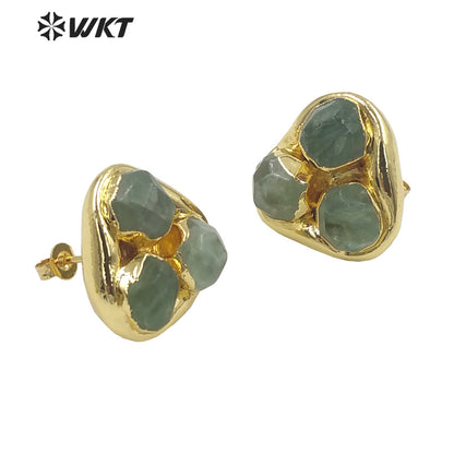 WT-E748 Newest WKT Exclusive Design Natural Triple Assemble Blue Agate Flower Shape Stone Studs America Hot Earrings