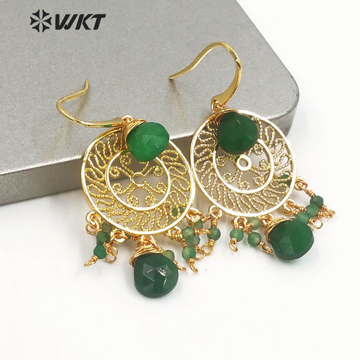 WT-E695 Bohemia Fashion Gold Gypsy Earrings with Natural Gemstone Made Dangle Earrings Handmade DIY Stone Hoop Earrings