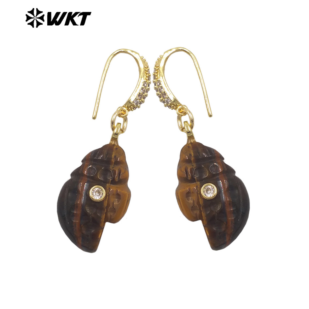 WT-E828 New Product Zircon And Various Natural Gemstones Conch Shape Gold Earrings For Girls Summer Beach Wearing Accessory
